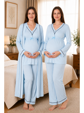 Effortt 4054 Mavi Biye Detaylı Sabahlıklı Lohusa Pijama Takımı